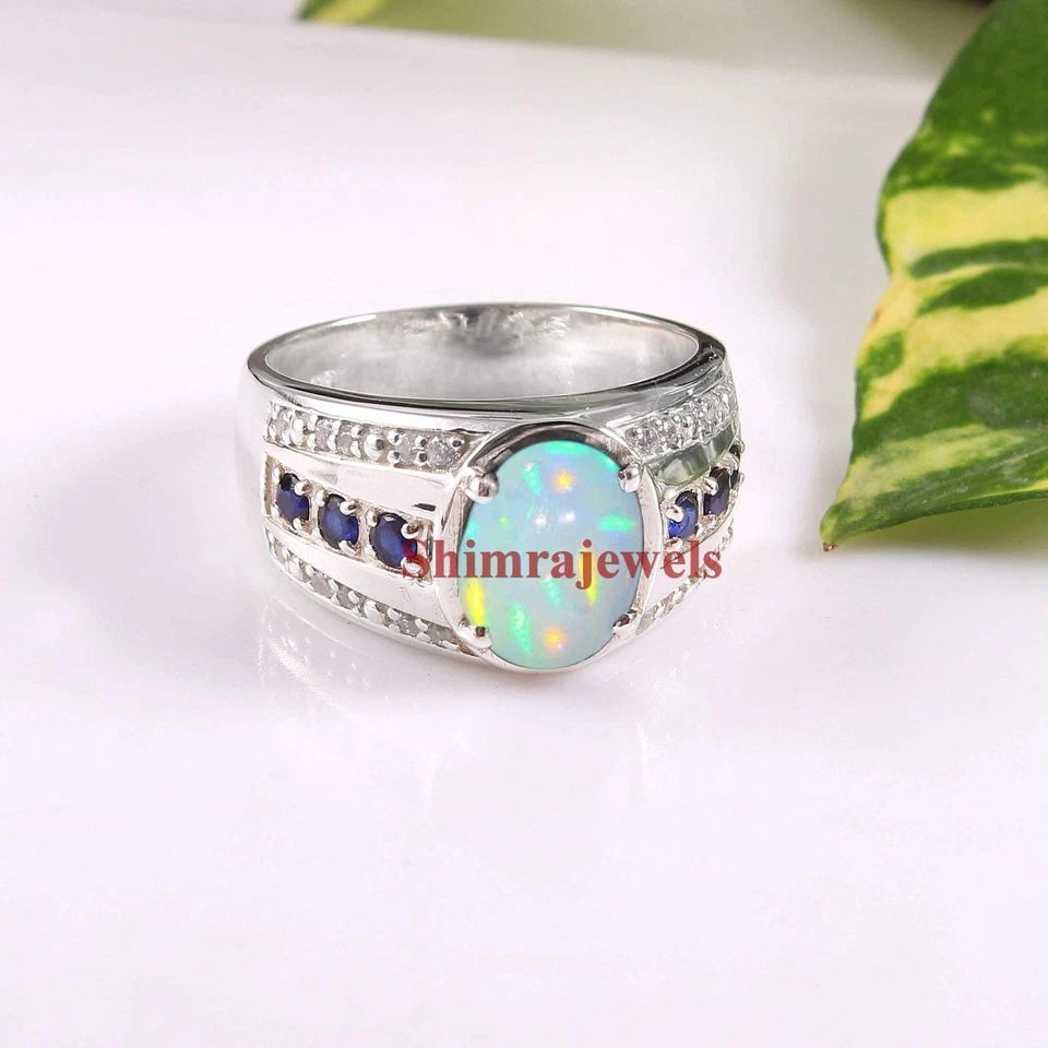 Ópalo natural y zafiro térmico con anillo de plata de ley 925 para hombre #1137 Foto 2 de 4