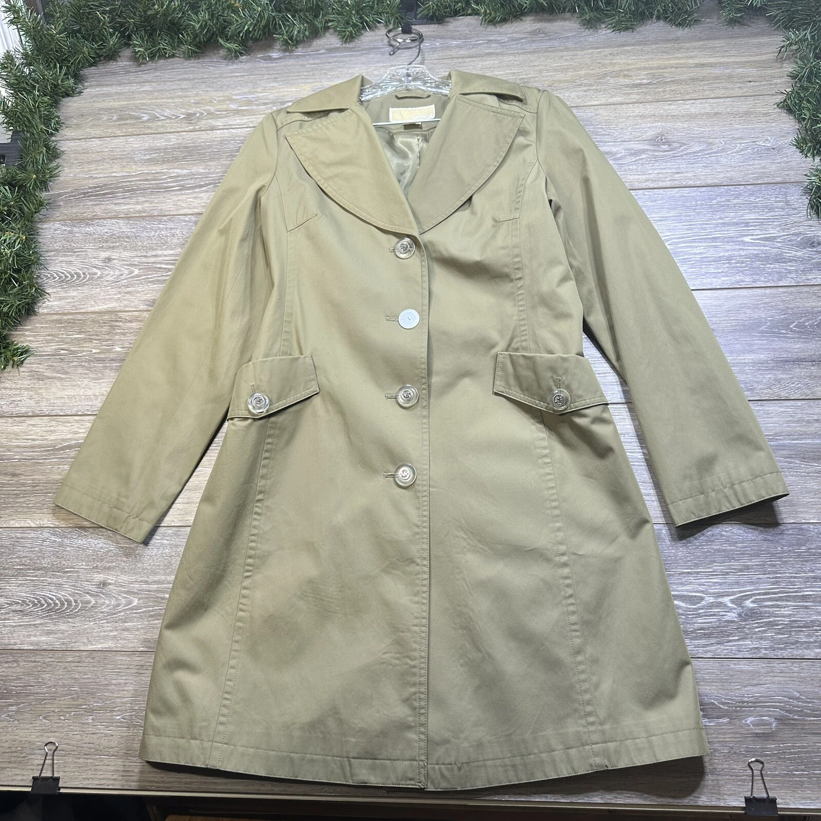 Giacca Taglia Media Donna Cappotto Pea Verde Michael Kors Bottoni Più Lunga