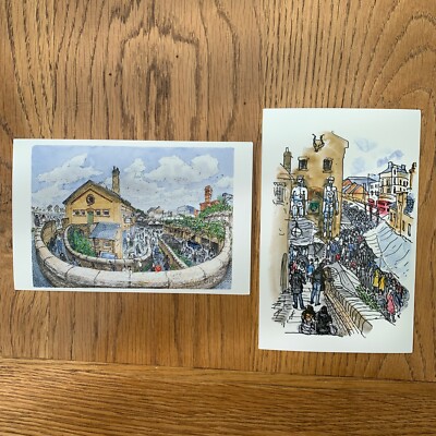 2 London Kunst Postkarten Camden Stables Markt Kunstwerk von David Gentleman - Neu