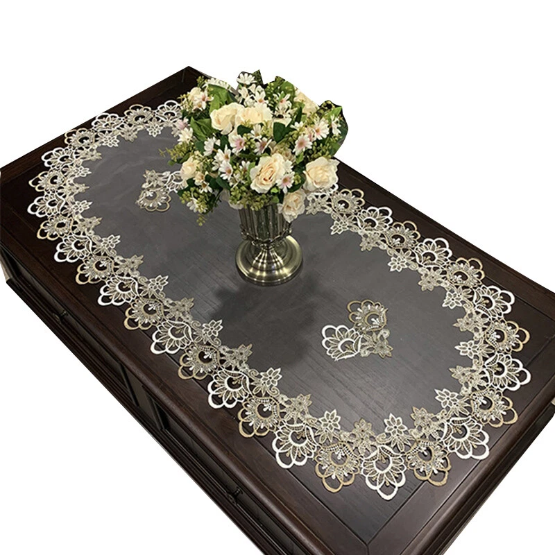 Embroidered Lace Flower Tablecloth Table Cloth Runner Oval Shape Home Decor - Image 3 of 4