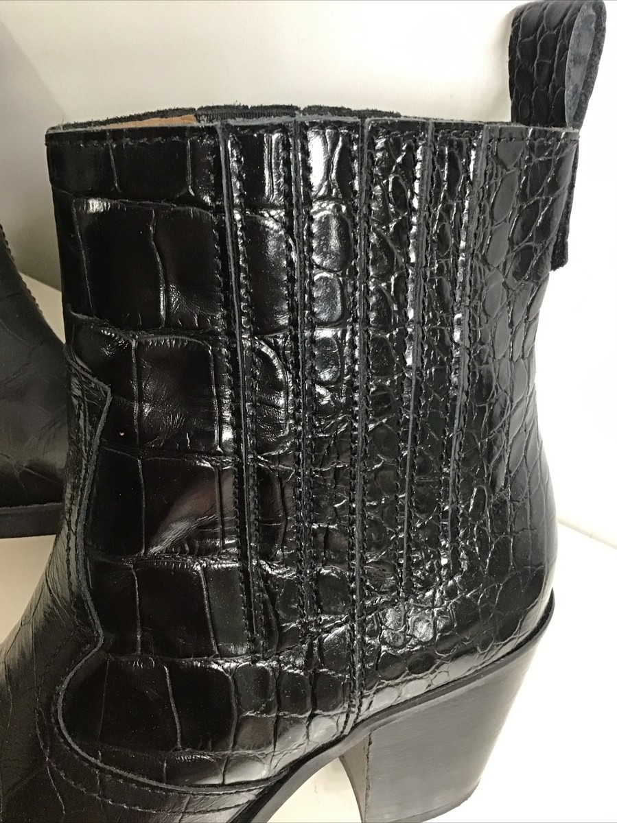 Ganni Cowboy Ankle Boot Black Croc Leather Stretch Sides