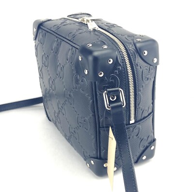 New Authentic Gucci GG Embossed Black Leather Unisex Messenger Bag