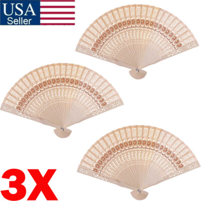 (3PCS) Natural Wood Large Lace Floral Folding Hand Held Chinese Fan US