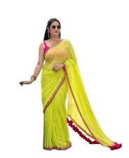 Women's Fancy Desian Georgette Saree FOr Women With Latkan Tassels Lace Border