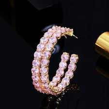 Statement Pink CZ Charm Round Circle Hoop Earrings for Ladies Gold Plated Gift