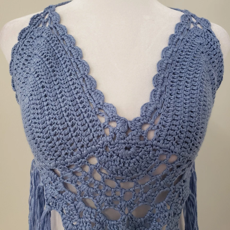 Top halter tejido a ganchillo para mujer GRANDE Y2K concierto feria playa flecos boho hippie Foto 3 de 4