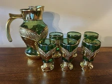 Vintage Retro Green Glass Pitcher and  6 Cordial Glasses