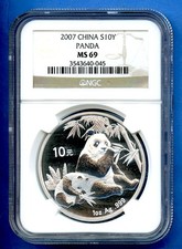 2007 NGC MS69 China Panda 10 Yuan 1oz .999 Silver Coin 10 YN MS-69