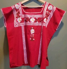 Vintage Red Mexican Embroidered Peasant Blouse Floral Folk Art Tunic Handmade...