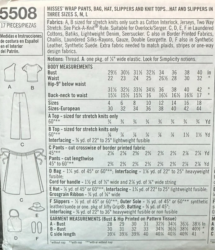 Simplicity Wrap Pants, Bag, Hat, Slippers  Easy-To-Sew Pattern 5508 WMS SZ 12-18 - Image 2 of 2