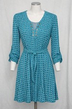 Michael Kors Petite Small Dress Teal Geometric Print V Neck Long Sleeve