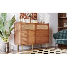 Rattan Kommode Sideboard mit 6 Schubladen,Highboard Nussbaum für Schlaf&Wohnraum