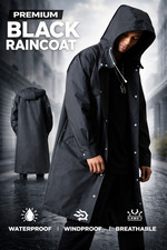 Waterproof Long Black Hooded Raincoat – Unisex Full Length Rain Jacket | Outdoor