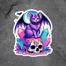 Black Cat Sticker Vinyl Decal Bat Wings Crystal Skull Witchy Gothic Art