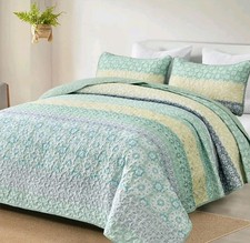WONGS BEDDING Boho Quilt Set Queen, Sage Green Bohemian Striped Patchwork...28
