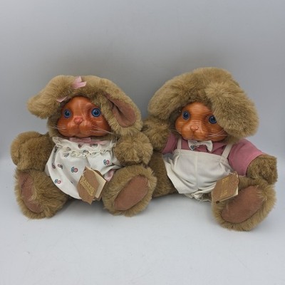 SET2 Robert Raikes Rabbit Bunny ''Brett & Ashley'' Plush Wooden Carved Face Spring