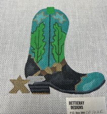 BETTIRAY DESIGNS COWBOY BOOT HAND PAINTED NEEDLEPOINT CANVAS GREEN LEAVES, 18CT