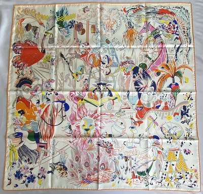HERMÈ SALE Silk Scarf 90 EMILE ET UNE NUIT Ivory Orange Blue Green RARE NIBWT
