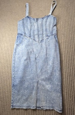Women Denim Jean Halter Dress 90's Core Country Concert Stretch With Pockets LG