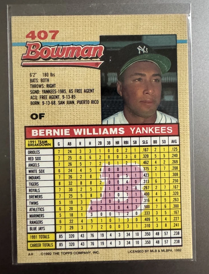 Bernie Williams 1992 Bowman #407 Yankees - Image 2 of 2