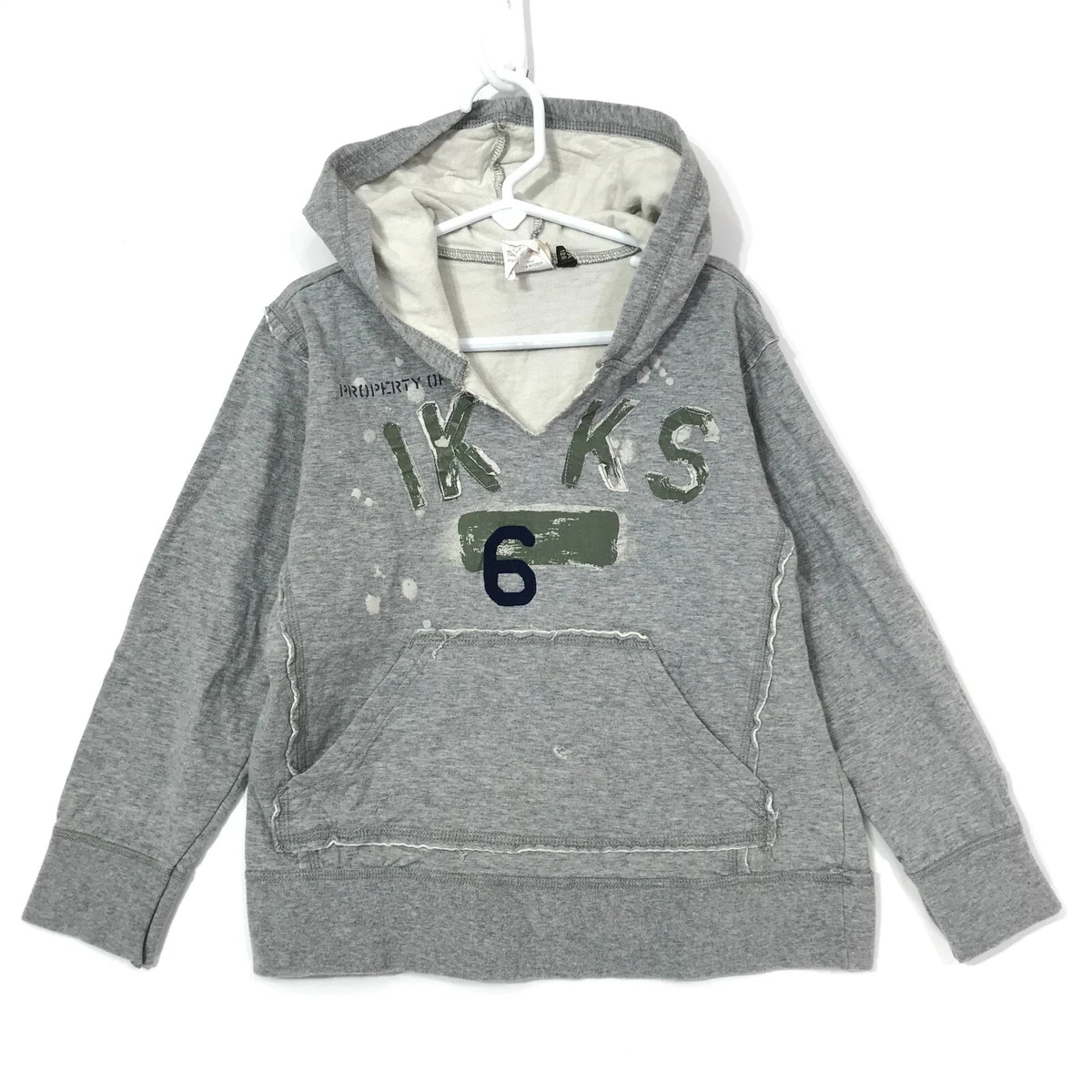 IKKS Pullover Sweat Shirt Hoodie Boys Size 8 A M Gray Long Sleeve Distressed