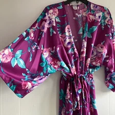 Linea Donatella Kimono Robe Short Silky Poly Dolman Size L/XL Purple Floral