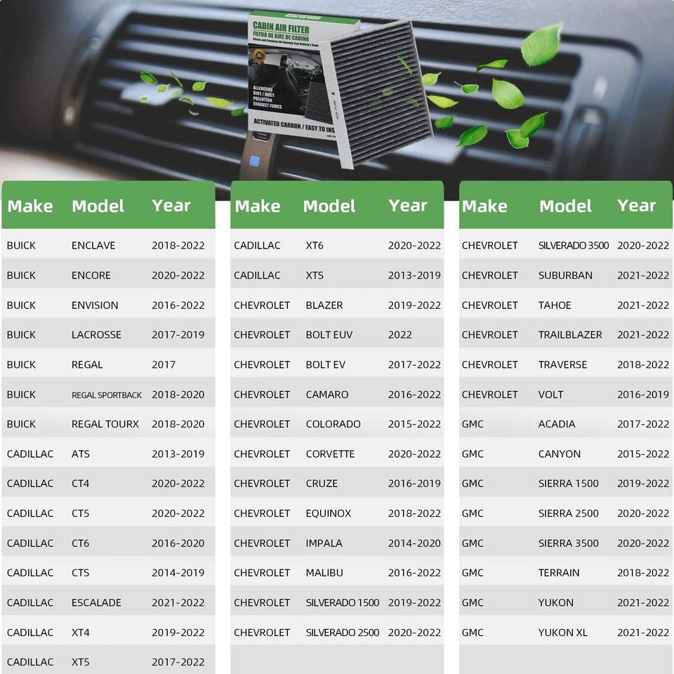 3pcs Cabin Air Filter for Buick Lacrosse Cadillac CTS CT6 16-20 Camaro CHEVROLET Foto 3 de 4