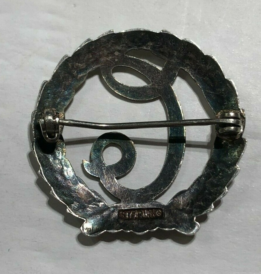'C' Initial Lettered Leaf Circle Pin Brooch Sterl… - image 5