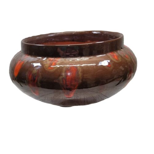 Tera Cotta Planter Bowl Drip Glaze Orange Brown Handmade Studio Pottery Vtg MCM - 第 1/9 張圖片