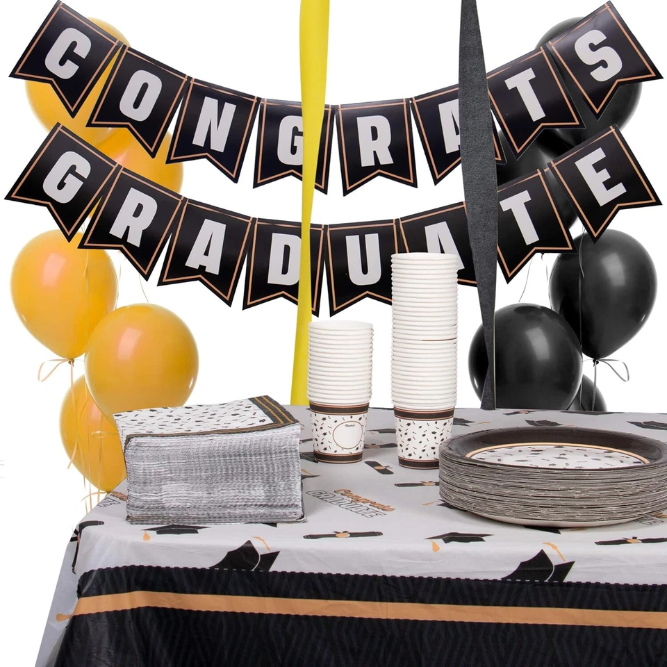 Juego de vajilla de fiesta de graduación fiesta graduada suministros negros y dorados servir 50 Foto 3 de 4