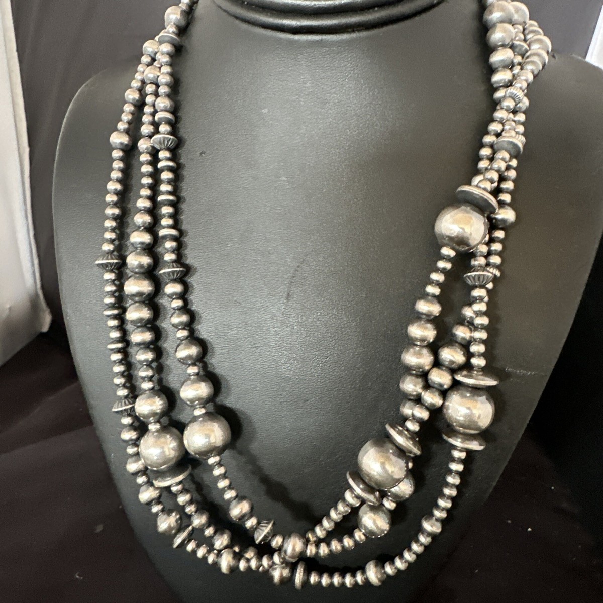 Native American Navajo Pearls Sterling Silver Necklace 3 Strand