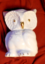 Vintage PORCELAIN WHITE OWL COIN BANK with GOLD TRIM w. Stopper