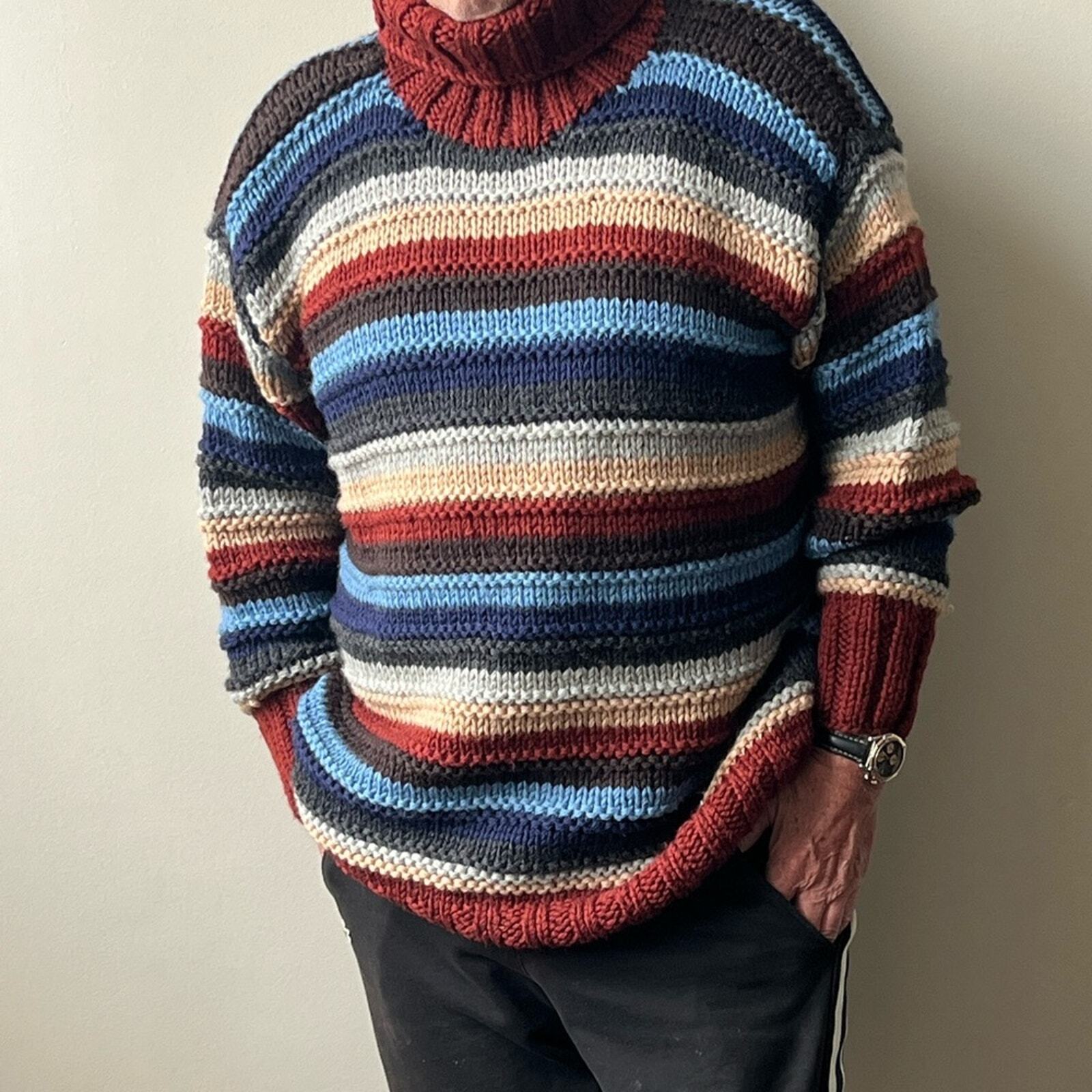 Dolce & Gabbana, Men’s XL, Super Chunky Knit Turtle Neck Striped Wool Turtleneck