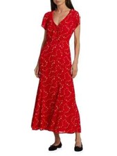 REFORMATION Fresno Red Talleen Floral V-Neck Tie-Neck Split Sleeve Dress 0 = XS
