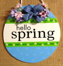 HELLO SPRING Circle Blue Door Sign Hanger Flowers Plaque Seasonal Spring