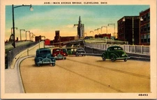 Main Avenue Bridge Cleveland Ohio 1930's 40's Cars Linen Postcard 8B