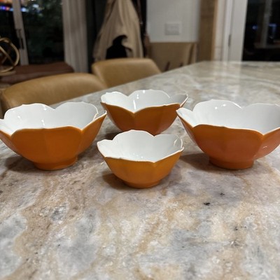Lotus Porcelain Rice Bowls X 3 With Sm Dip Bowl Orange w White Interior  Japan