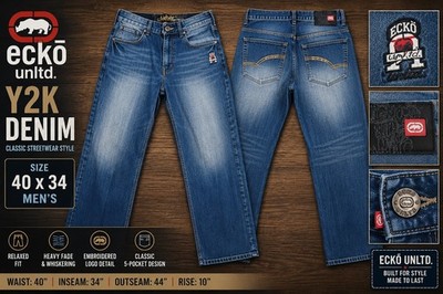 Ecko Unltd Jeans Mens 40x34 Blue Straight Baggy Y2K Embroidered Logo