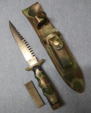 Vintage Taylor Seto Japan Hollow Handle Survival Knife & Leather Camo Sheath
