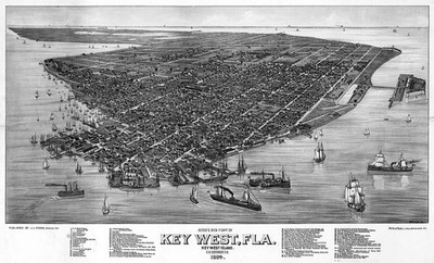 KEY WEST IN 1884, BIRD'S EYE VIEW MAP -  13 X 19'' FINE ART GICLEE PRINT ON PAPER