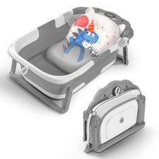 Baby Bathtub,Collapsible Bath Tub with Thermometer Soft Bear, Gray