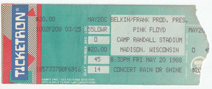 Vintage 1988 Pink Floyd Concert Ticket Stub Madison WI Camp Randall Stadium