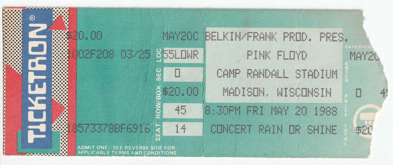 Vintage 1988 Pink Floyd Concert Ticket Stub Madison WI Camp Randall Stadium