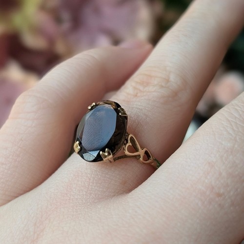 Vintage 9ct Gold Smoky Quartz Ring | Size R Cocktail Heart Statement - Picture 2 of 9