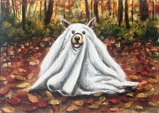 Hendrick Signed Original Miniature Art ACEO Halloween Ghost Dog