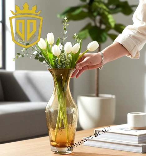 Blenko Topaz Ribbed Ellipse Glass Vase 11" Mid Century Modern Heavy Base