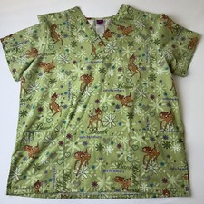 Disney Bambi Scrub Top Womens Large Cute By Nature Floral Pockets Nurse Shirt