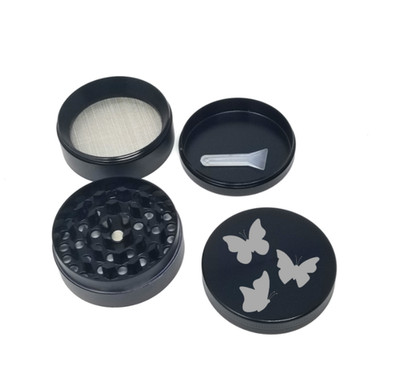 Elegant 4-Layer Black Finish Butterfly Themed Herb Grinder Gift for Nature Lover