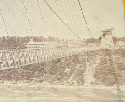 Stereoview Geo. Barker PHOTO view of Niagara Falls New Suspension Bridge 1870s