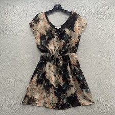 Olive & Oak Black Beige Tie Dye Split Sleeve Stretch Waist Sheer Dress Size S